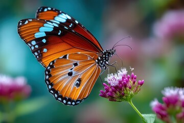 Naklejka premium Beautiful butterfly perched on vibrant flower in a lush garden during daylight