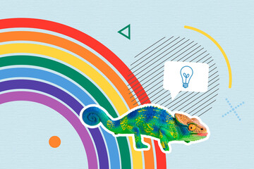 Poster image artwork pop collage of wild animal predator chameleon multi color bright rainbow bubble light bulb idea blackout