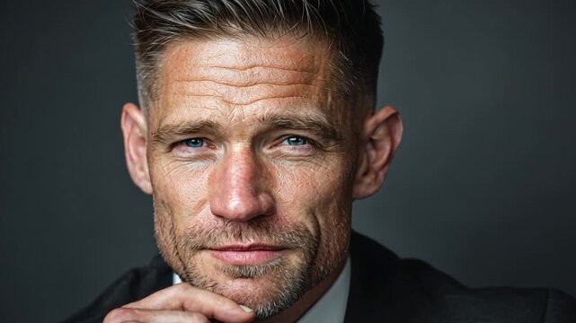 Executive professional with modern haircut, elegant tie and confident expression, headshot in minimal studio space.