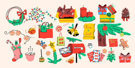 A whimsical collection of Christmas decorations and festive items. Creative festive accessories fill this set, featuring cozy seasonal symbols like wreaths, candles, and gifts