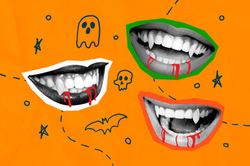 3d image banner sketch photo collage of human mouth vampire teeth dracula bite blood drop halloween...