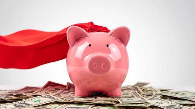 Super Saving Piggy bank hero with red cape on pile of money Growth Concept.