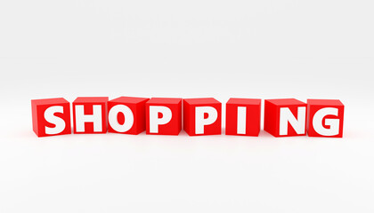 Luxury red cubes inscription shopping, soft light, light background, 3d render