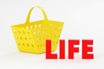 Inscription made by red life on grey podium, soft light, smooth background, 3d rendering