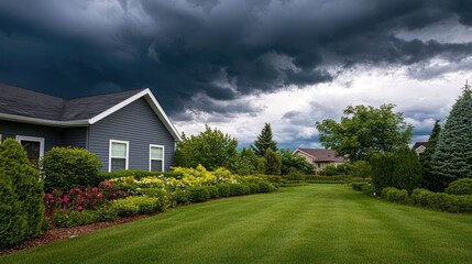 Dark ominous storm clouds looming over a peaceful serene garden landscape with lush foliage grass and trees  A metaphor for lingering sadness and melancholy in a quiet natural setting