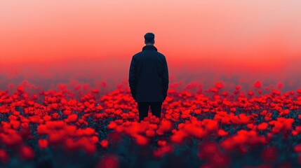 Solitary figure stands silhouetted against a dramatic moody sky surrounded by a vast field of vividly red flowers representing bittersweet memories and a contemplative introspective mood