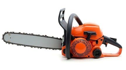 Bright Orange and Black Chainsaw Isolated on a White Background