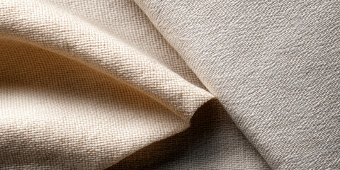Close up of beige canvas fabric with textured weave and soft folds creating natural and warm feeling