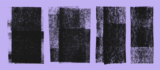 Fototapeta na wymiar Linocut grunge stamp textures on purple background. Dust overlay distress grain textures. Ink roller vintage letterpress textures with rough edges. Eroded dirty backgrounds for design.