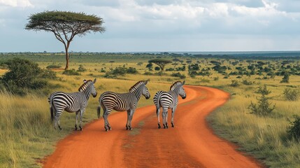 Zebras on Red Dirt Road in African Savannah Wildlife Landscape