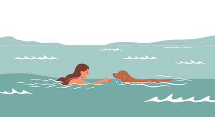 Woman swimming in the ocean with her dog enjoying the summer day and having fun