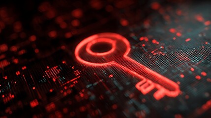 Stylized red key on a dark digital background, symbolizing security and access.