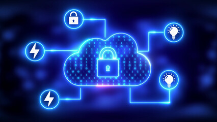 Secure Digital Cloud Computing Network with Padlock and Lightning Bolt Icons security technology