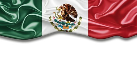 Waving Mexican flag fabric closeup with national coat of arms
