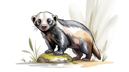 Watercolor Painting Honey Badger Standing