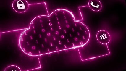 Neon Pink Cloud Computing Network with Binary Code and Service Icons technology data
