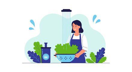 Woman Washing Fresh Vegetables Under Water Sprays in Kitchen for Health