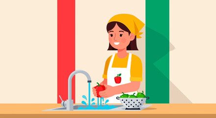 Woman Washing Fresh Vegetables, Illustrative Image In Kitchen Preparing Healthy Food