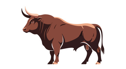 Fototapeta premium Illustration of a powerful brown bull with stylized design and strong muscle definition, isolated against a white background, exuding robustness