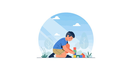 Obraz premium Young Boy Focused on Constructing a Colorful Tower with Building Blocks Outdoors