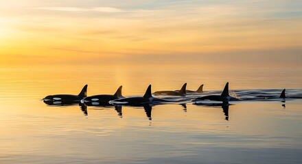A pod of orcas swims in a single file line across the calm ocean surface during a golden sunset.