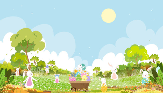 Happy Easter holiday background,Traditional spring religious Paschal celebration greeting card.Bunny rabbit hunting Easter eggs in green grass field,Springtime festive
