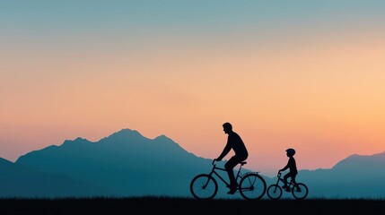 Fototapeta premium Silhouette of a father guiding and encouraging his child to ride a bicycle in a scenic mountain landscape at sunset embodying the joy of learning and time between