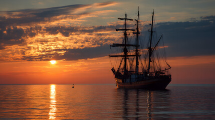 old ship in sea sunset