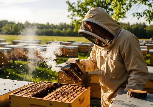 Beekeeper Inspecting Honeycomb