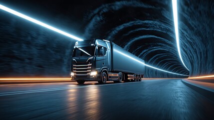 Truck bus electric car of the future rides on the road in the tunnel, eco clean environment without harmful waste, neon light at night in the tunnel, long exposure. Generative AI.