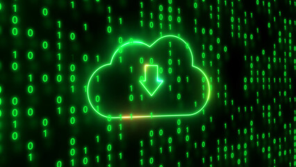 Green Neon Cloud Icon with Download Arrow Symbol on Binary Code Background cloud computing data transfer