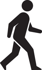 Simple black silhouette of a person walking forward with one leg extended and arms swinging in a dynamic pose
