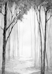Trees in the winter forest. Watercolor landscape