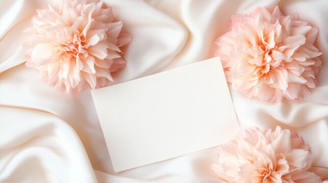 Elegant pink flowers and blank card on soft fabric background