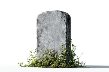 Gray stone headstone with greenery