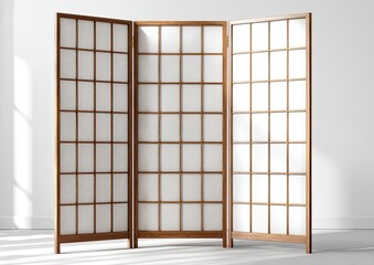 Light brown wooden room divider with white panels