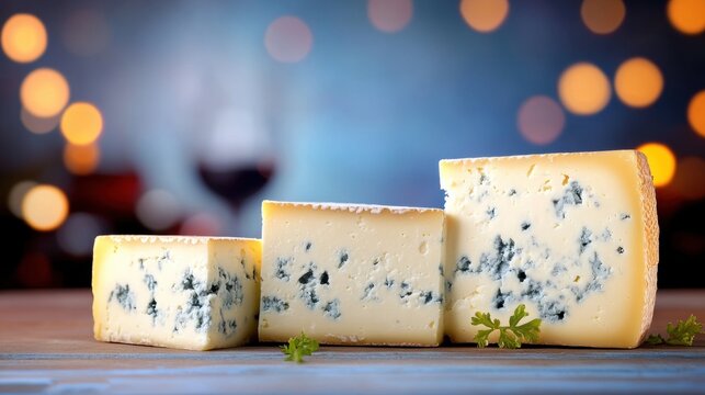 Delicious blue cheese displayed on a wooden table with blurred lights