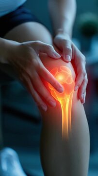 Person holding aching knee with glowing inflammation on joint, conveying severe pain and discomfort. Vertical video.