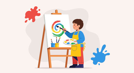 Fototapeta premium Young Artist: A Child Painting Abstract Colorful Artwork with Brush And Palette
