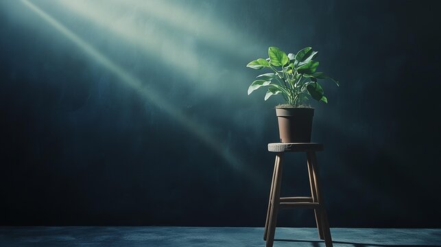 Spotlight on Small Plant and Wooden Stool in Dark Stdio