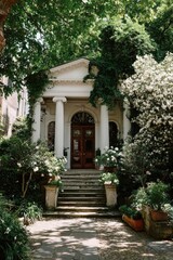 Fototapeta premium Elegant white portico, shaded by lush greenery