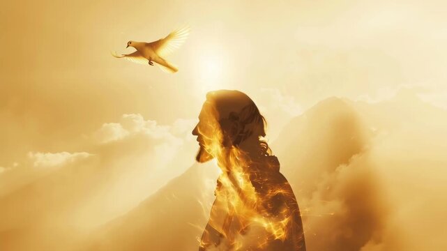 Jesus Christ profile with dove and fire effect. Christian religious theme showing divine wisdom and peace. Bible story footage.