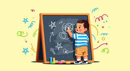 Young Artist Creatively Drawing On Blackboard Displaying Imagination And Development