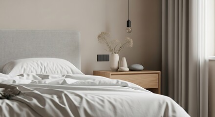 Simple bedroom interior, soft lighting