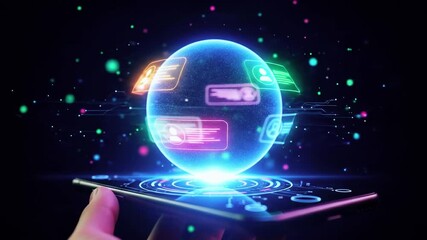 Futuristic smartphone displaying a holographic globe with digital icons, symbolizing technology and connectivity - Powered by Adobe