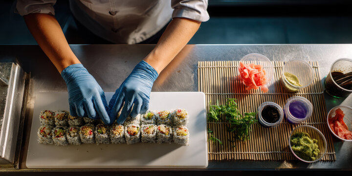 Sushi roll preparation with gloved hands white plate with fresh herbs and condiments bamboo mat creating focused atmosphere
