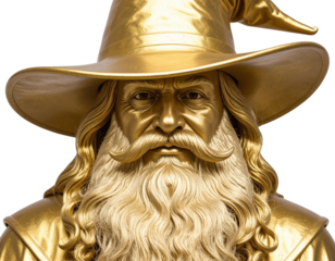 Golden Wizard Bust Sculpture with Pointed Hat, Front View, Isolated on Transparent Background