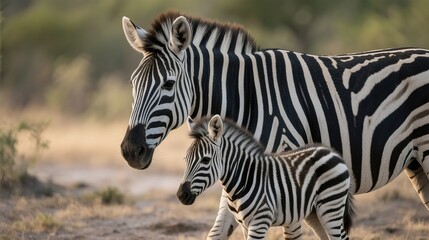 Naklejka premium Zebra Mother and Foal on Grassland Wild Animal Affection