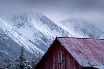 Snow-Covered Red Cabin Roof in Winter