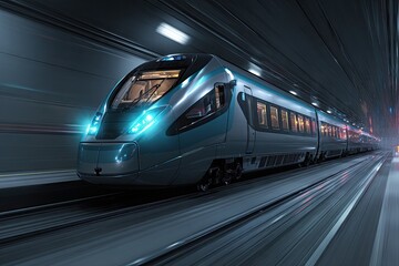 Futuristic train speeding through a dark tunnel